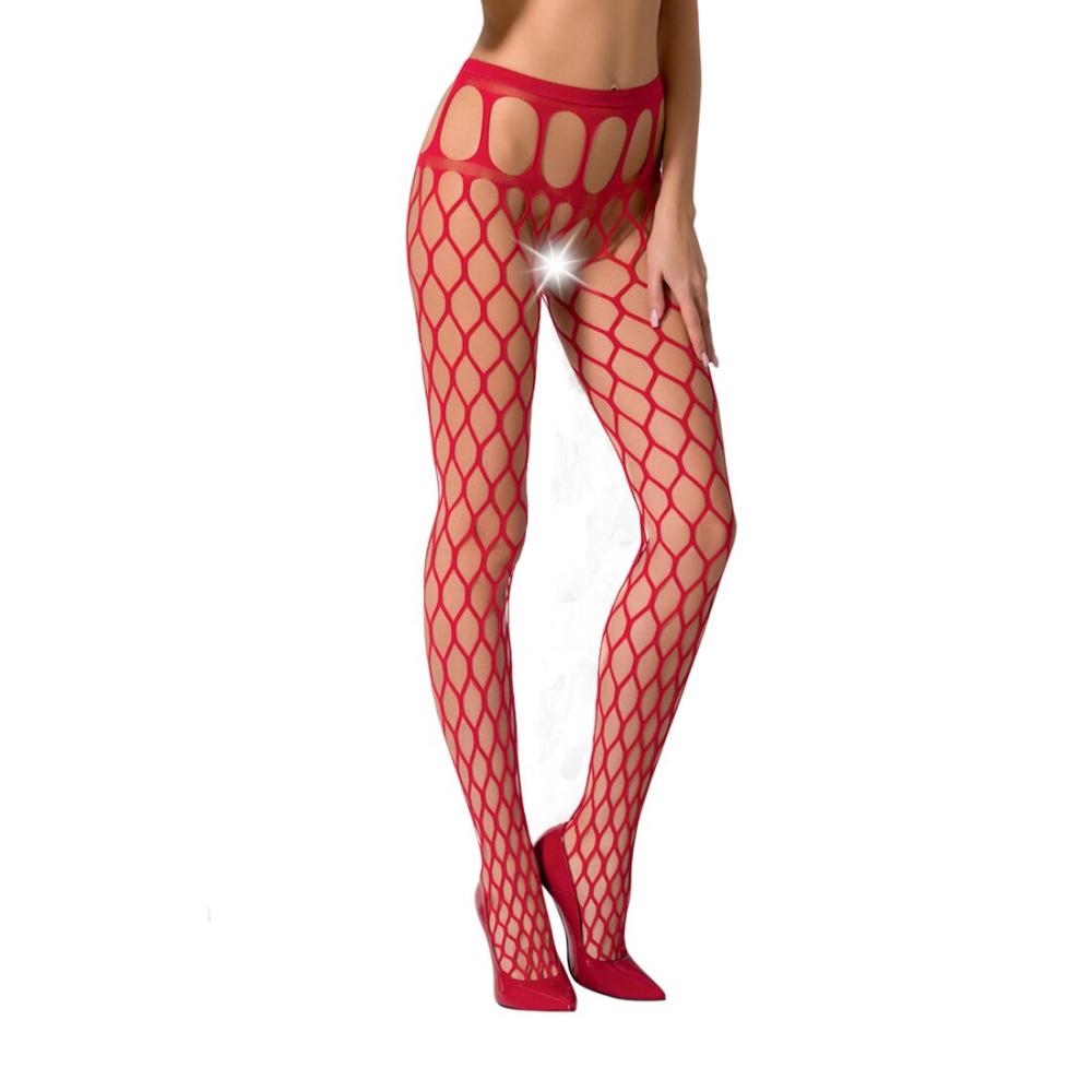 PSS021R Еротичні колготки-бодістокінг Passion S021 red, в крупну сітку з високим паском