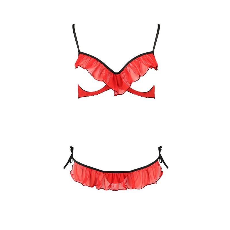 PS25509 Комплект білизни CHERRY SET OpenBra red XXL/XXXL - Passion Exclusive: відкритий ліф, трусики-спіднич