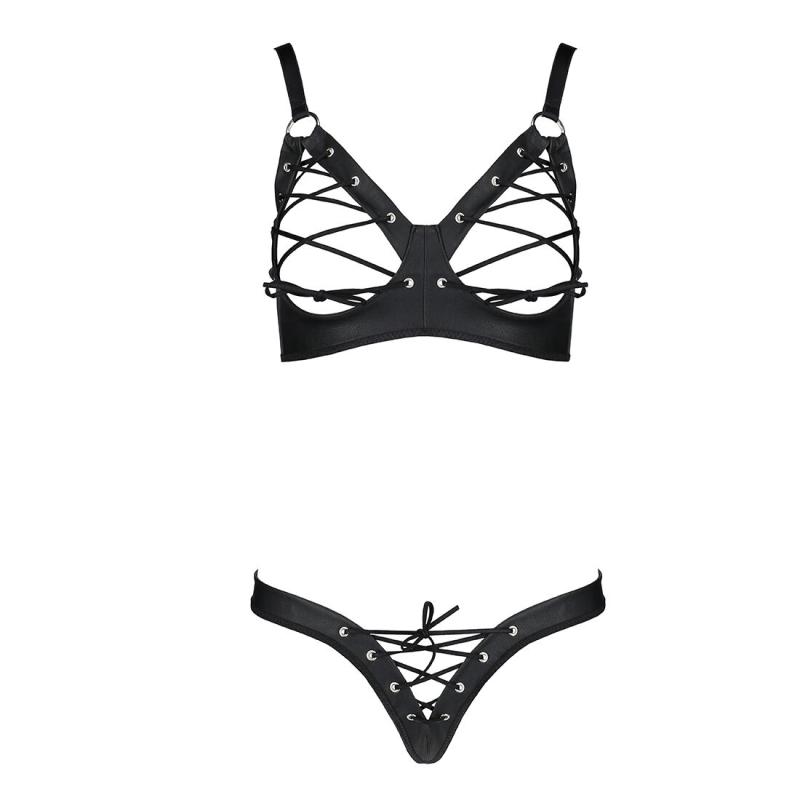 SO6401 Комплект из экокожи CELINE BIKINI black S/M — Passion: открытый бра с лентами, стринги со шнуровкой