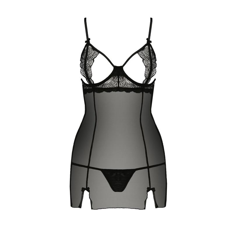 PS26605 Прозрачная сорочка приталенная QUENTRIS CHEMISE black S/M - Passion Exclusive, трусики