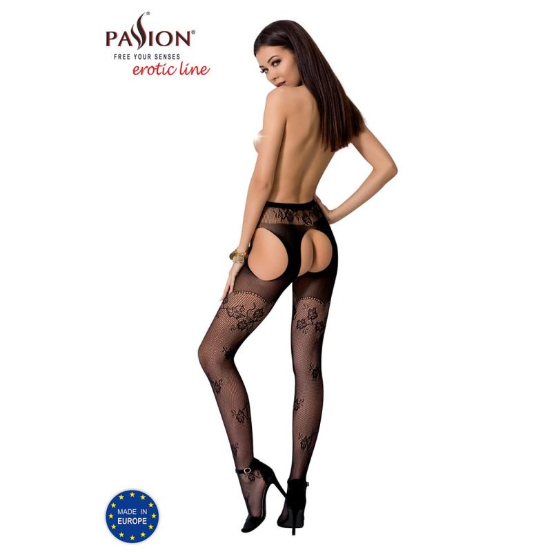 PSS022B Эротические колготки-бодистокинг Passion S022 black, имитация цветочных чулочков и пояса для чулок