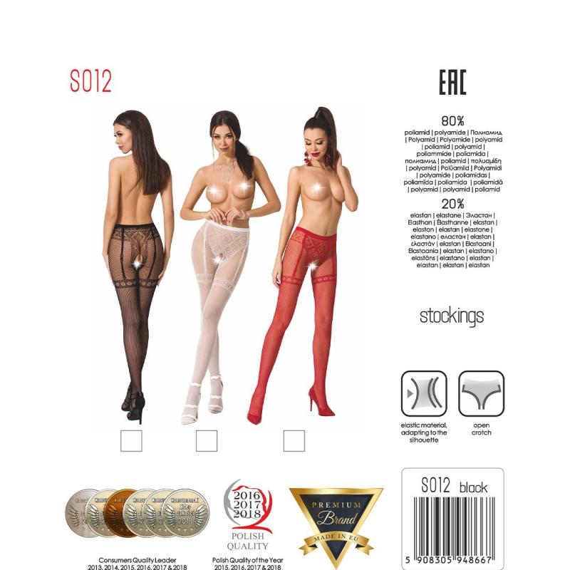 PSS012B Еротичні колготки-бодістокінг Passion S012 black, імітація панчох, пояса та ажурних трусиків