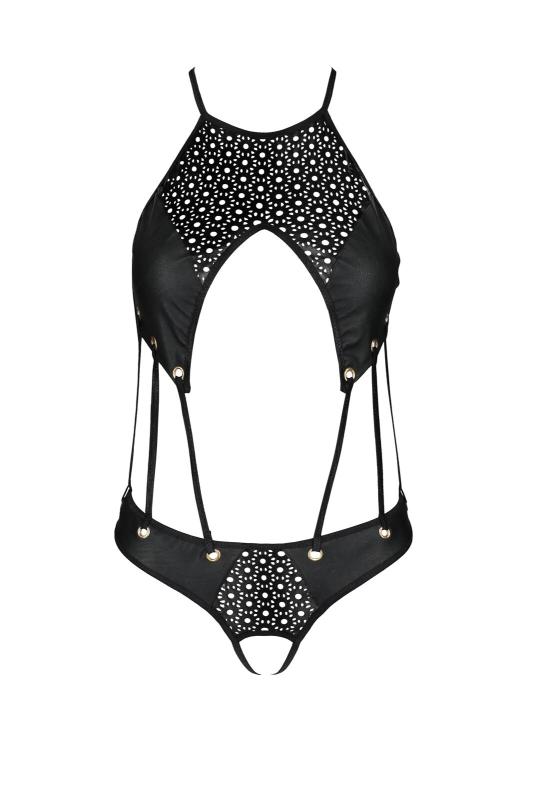 SO8489 Боді з відкритим доступом Passion TASMINA BODY XXL/XXXL, black, екошкіра, шнурівки, ажурні мережива