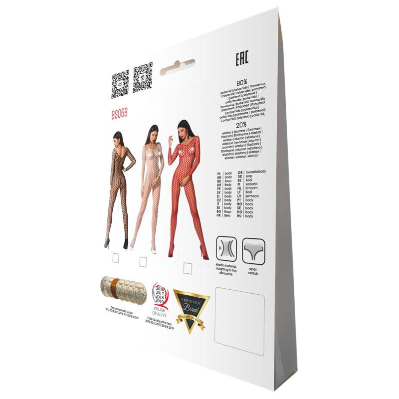 PBS068W Бодістокінг Passion BS068 white, комбінезон, велика сітка, довгий рукав