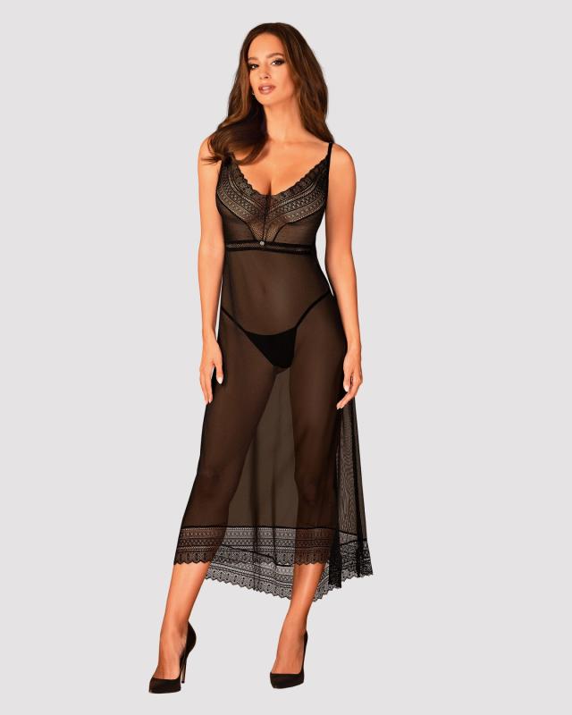 SO7262 Напівпрозора довга сорочка Obsessive Estiqua chemise XS/S, чорний, асиметричний крій