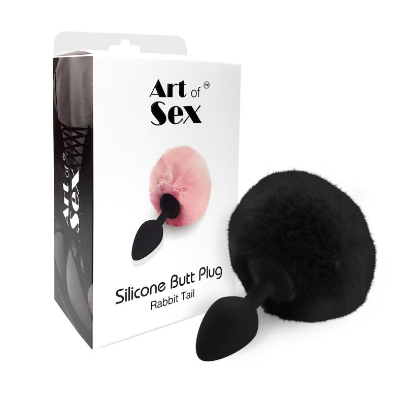 SO6694 Силіконова анальна пробка М Art of Sex - Silicone Bunny Tails Butt plug Black, діаметр 3,5 см