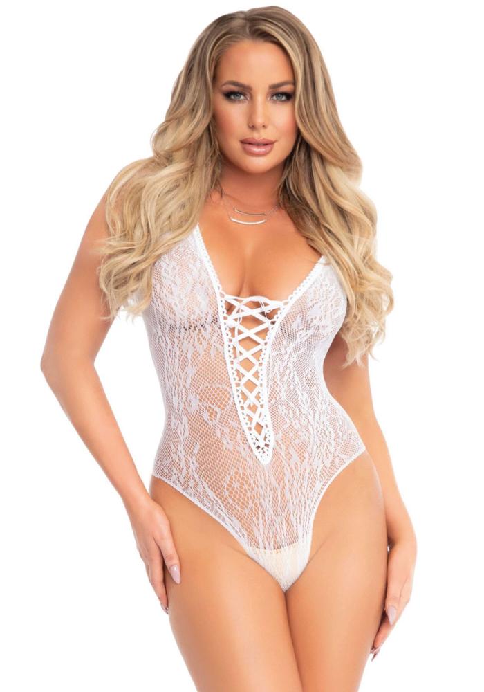 SO7963 Мереживне боді Leg Avenue Floral lace thong teddy White, шнурівка на грудях, one size