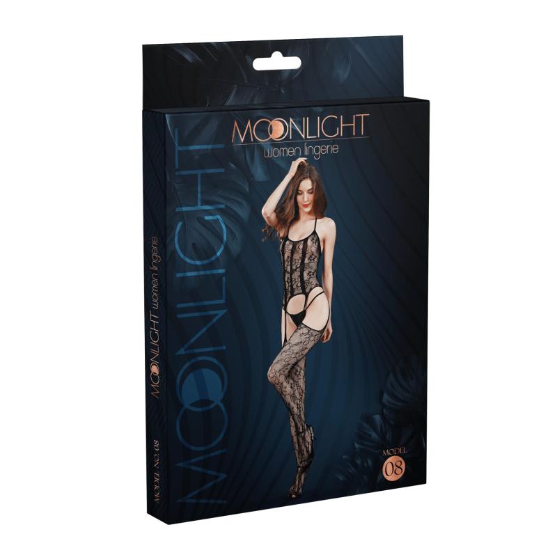 SO6341 Бодістокінг з доступом Moonlight Model 08 XS-L Black, імітація корсета та панчіх на підв’язках