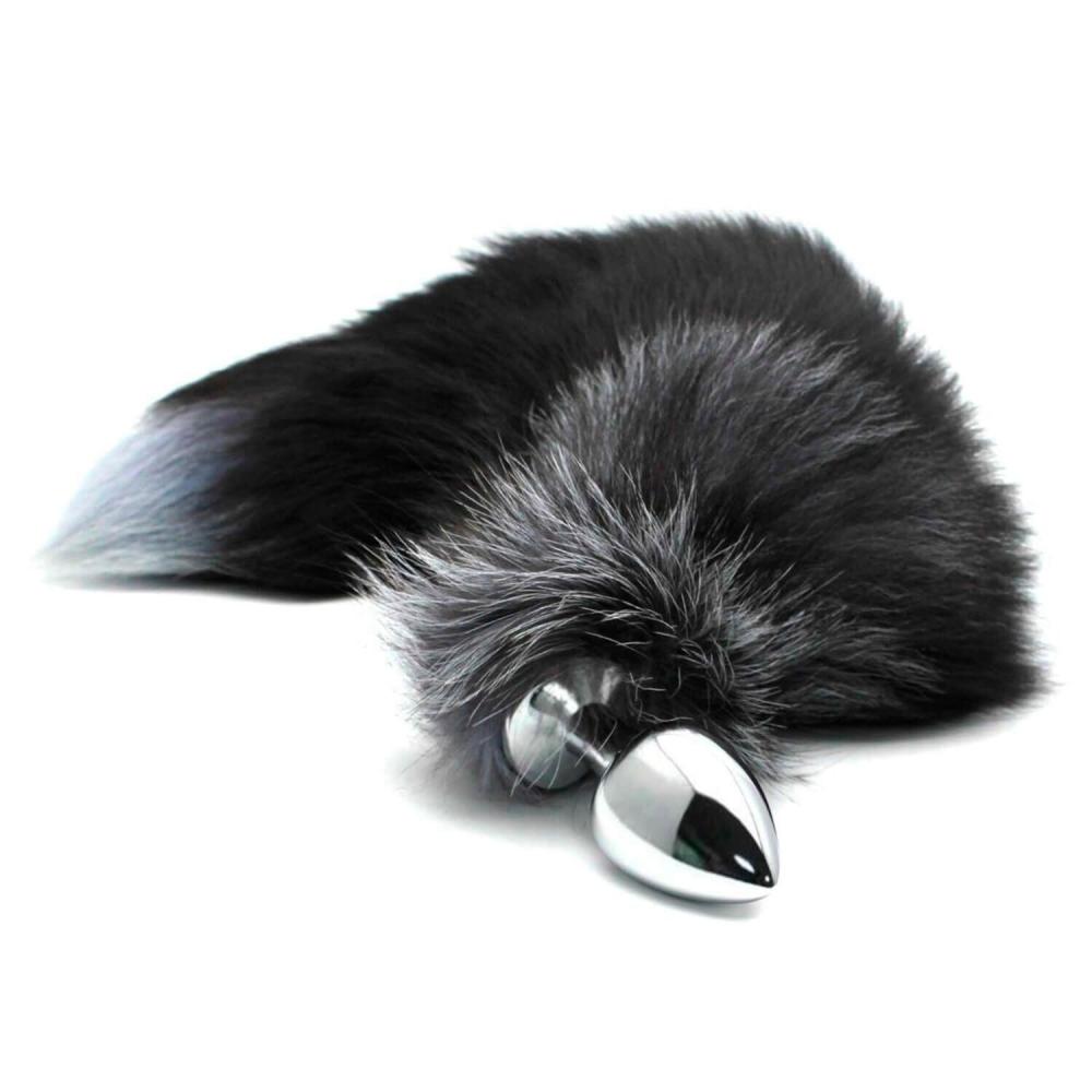 SO6323 Металева анальна пробка Лисячий хвіст Alive Black And White Fox Tail L, діаметр 3,9 см