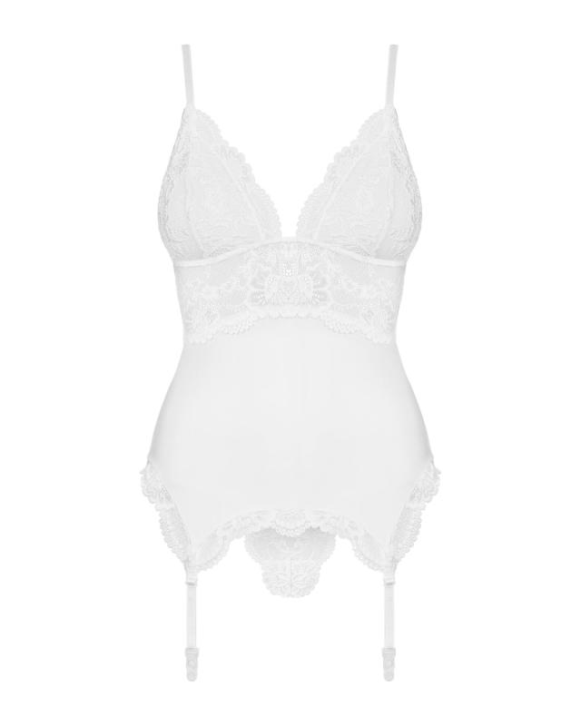 SO7158 Сатиновий мереживний корсет Obsessive 810-COR-2 babydoll & thong S/M, білий, корсет, танга