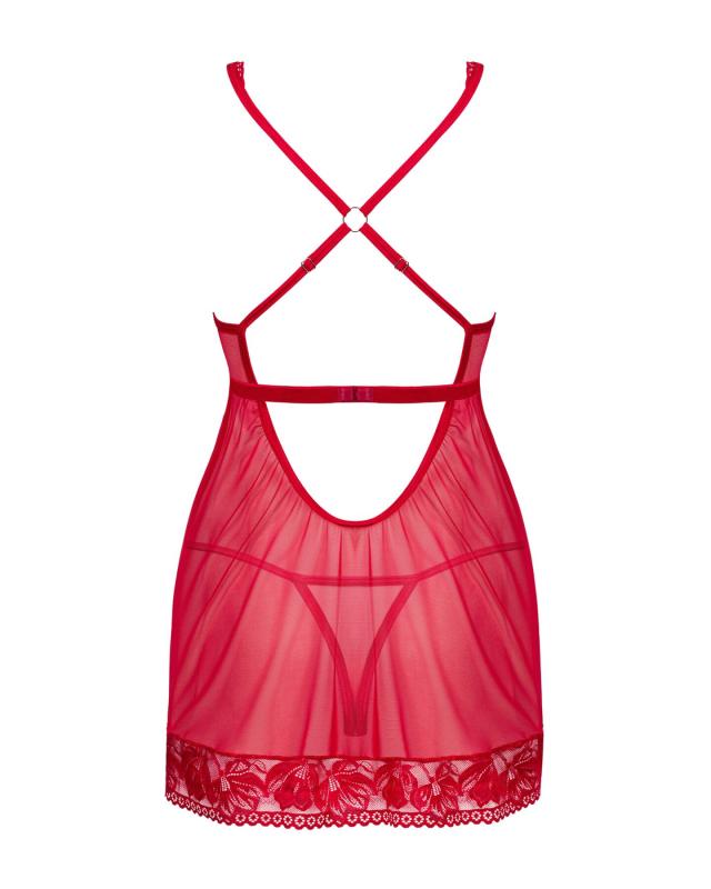SO8647 Прозора сорочка бебі-дол Obsessive Lacelove babydoll & thong M/L Red, мереживо, стрінги