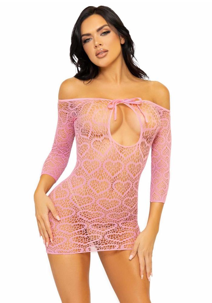 SO7960 Сукня-сітка з сердечками Leg Avenue Heart net mini dress Pink, зав’язки, відкриті плечі, one size