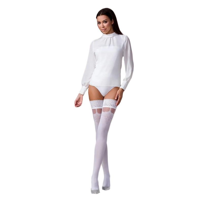 SO5792 Панчохи Passion ST121 3/4 білі, на ажурній силіконовій резинці, з квітковим орнаментом та вертикальн