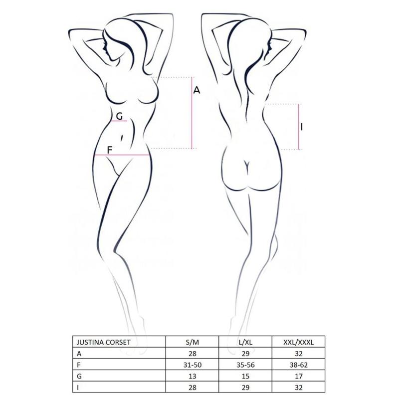 EL15404 Корсет з відкритими грудьми JUSTINA CORSET black L/XL Passion, трусики, шнурівка, напівпрозорий пажі