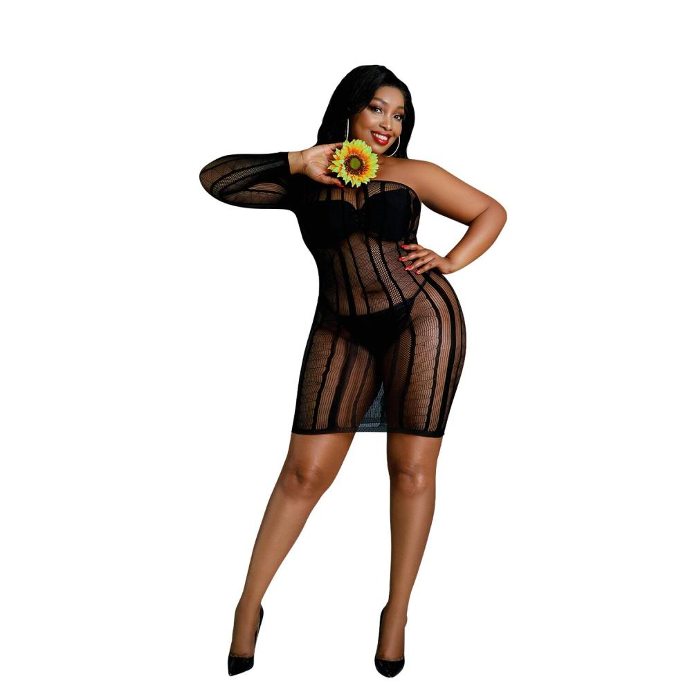 SO8196 Сукня-бодістокінг Moonlight Plus Model 05 XL-XXXL Black, закрите одне плече та рукав