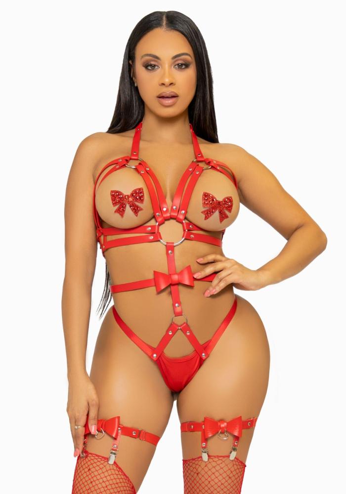 SO8562 Портупея-тедди из ремней Leg Avenue Studded O-ring harness teddy L Red, экокожа