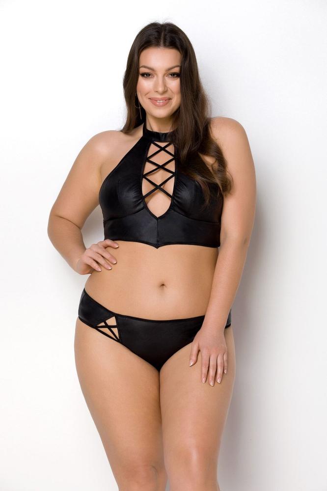 SO7103 Комплект з екошкіри Passion Nancy Bikini 6XL/7XL black, бра та трусики з імітацією шнурівки