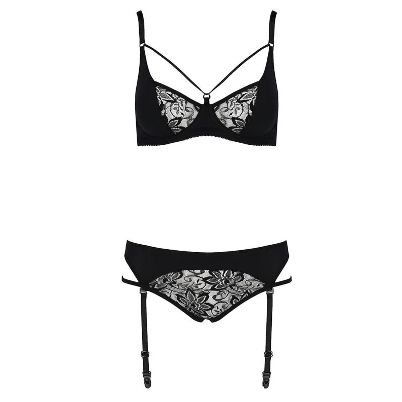 EL15806 Комплект білизни PAULINE SET black XXL/XXXL - Passion: стрепи: ліф, стрінги і пояс для панчох