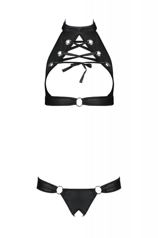 SO7101 Комплект із екошкіри Passion Malwia Set with Open Bra 6XL/7XL black, топ та трусики з люверсами