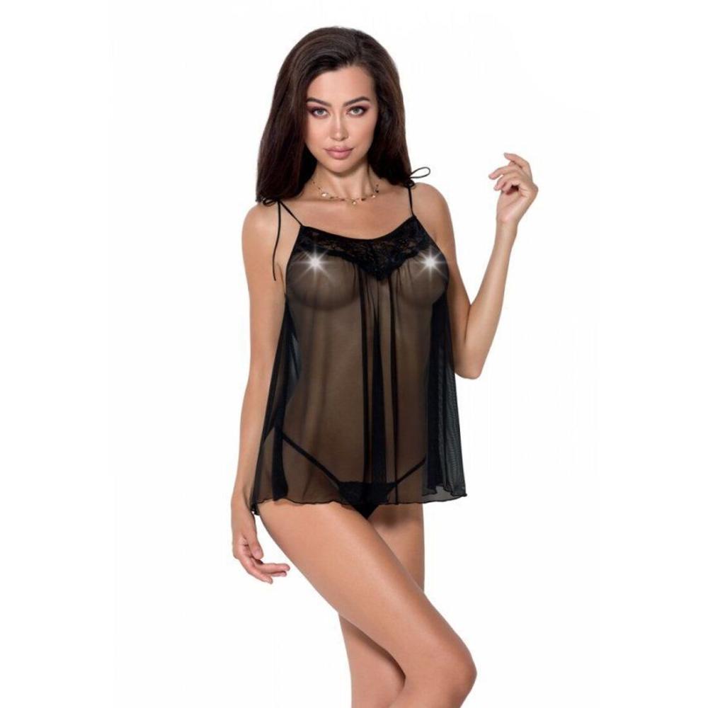 EL16304 Сорочка прозора бебі дол MELANIA CHEMISE black L/XL - Passion, трусики, на тонких бретелях