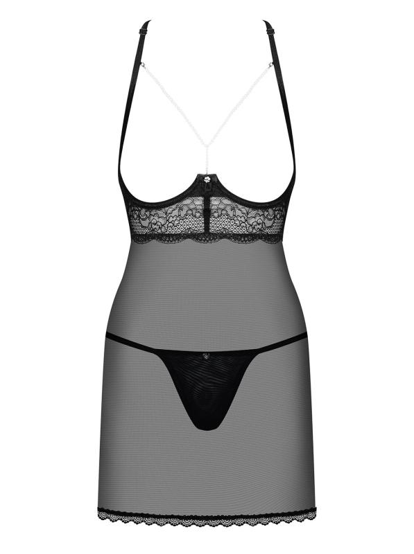 SO7877 Прозрачная сорочка с открытой грудью Obsessive Pearlove chemise & thong black S/M, трусики