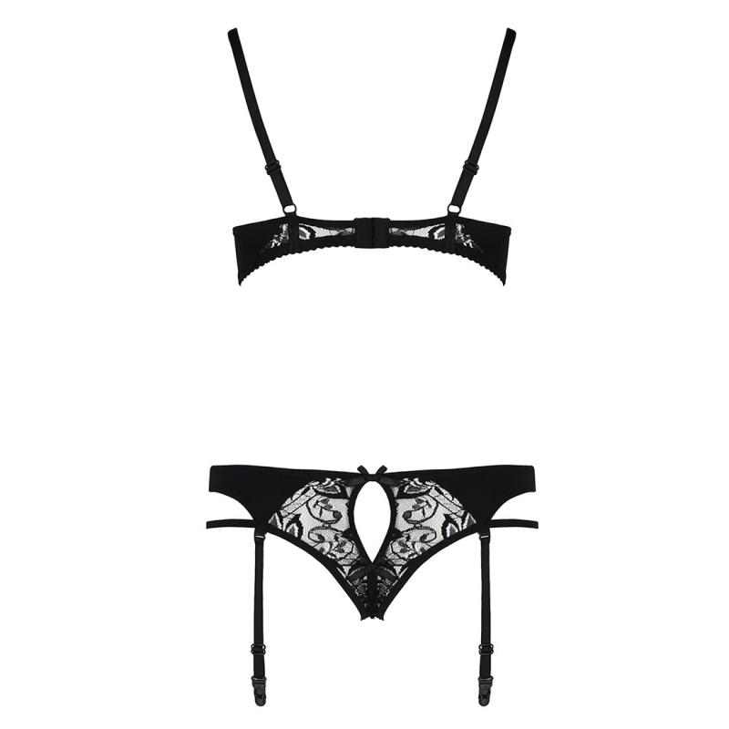 EL15805 Комплект білизни PAULINE SET black S/M - Passion: стрепи: ліф, стрінги і пояс для панчох
