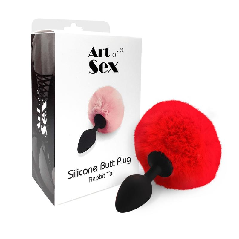 SO6964 Силіконова анальна пробка М Art of Sex - Silicone Bunny Tails Butt plug Red, діаметр 3,5 см