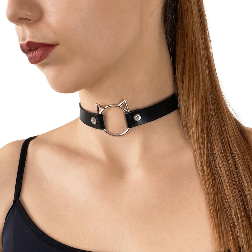 SO6798 Чокер на шею Кошечка Art of Sex - Kiti из натуральной кожи, цвет Черный