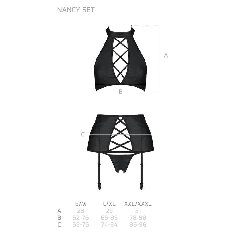 SO5375 Комплект из эко-кожи с имитацией шнуровки Nancy Set black XXL/XXXL - Passion топ, трусики и пояс для