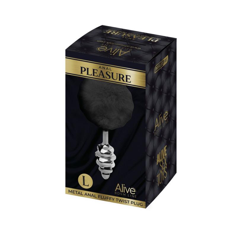 SO6311 Металева анальна пробка Кролячий хвостик Alive Fluffy Twist Plug L Black, діаметр 3,8 см