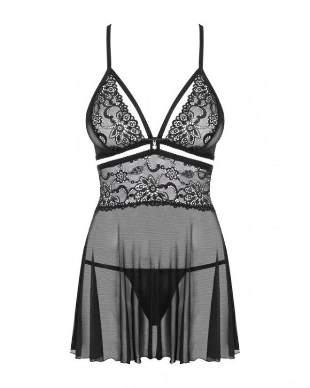 SO7183 Еротичний мереживний комплект із сіточкою Obsessive 838-BAB-1 babydoll & thong black XXL, чорний, пе