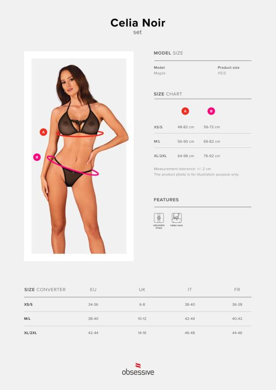 SO7865 Напівпрозорий комплект Obsessive Celia Noir 2-pcs set XS/S, бюстгальтер, стрінги