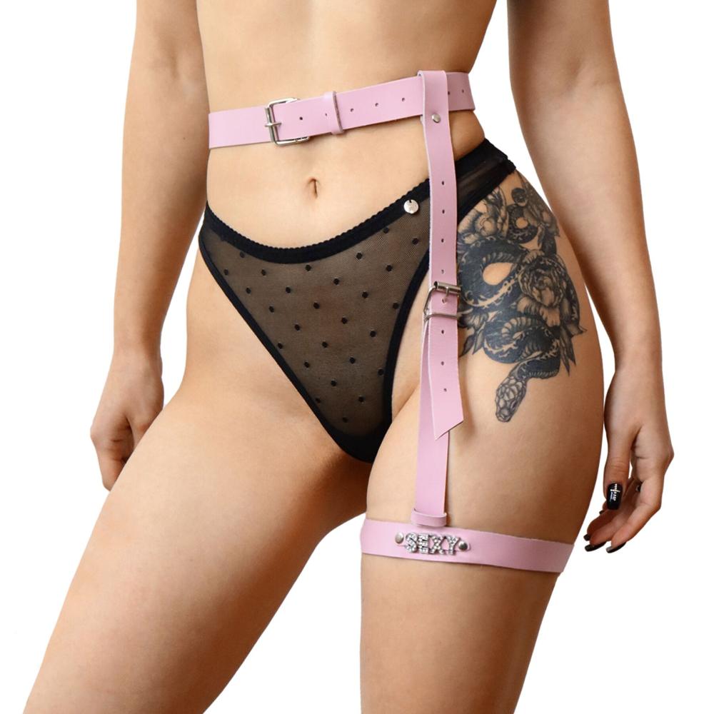 SO7511 Гартер на ногу Art of Sex - Naomi з написом SEXY, натуральна шкіра, розмір XS-2XL, колір рожевий