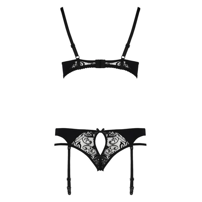 EL15804 Комплект білизни PAULINE SET black L/XL Passion: стрепи: ліф, стрінги і пояс для панчох