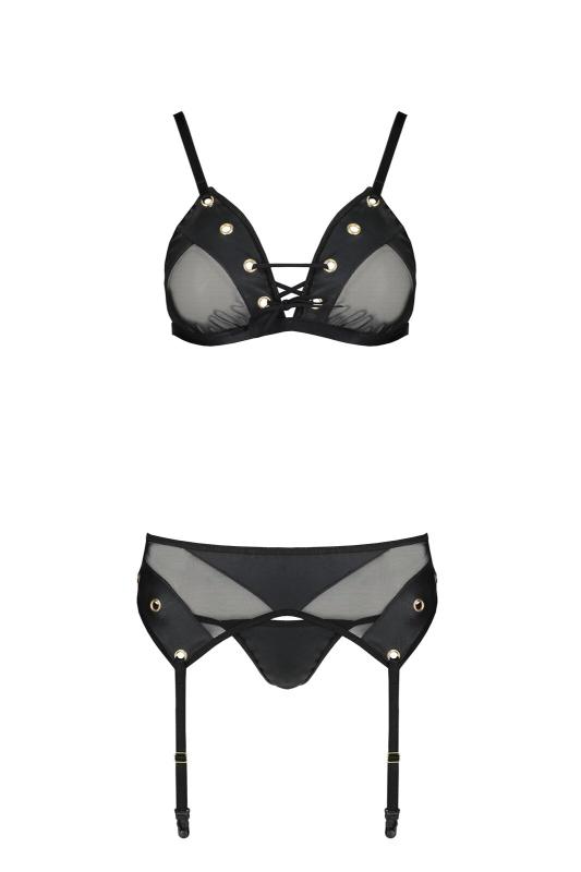 SO8458 Комплект білизни Passion NESSY SET S/M black, бюстгальтер, пояс для панчіх, стрінги