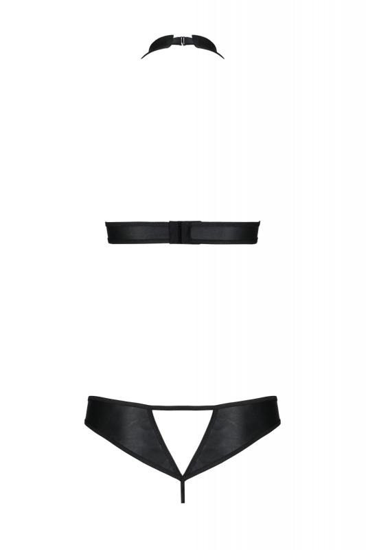 SO7101 Комплект із екошкіри Passion Malwia Set with Open Bra 6XL/7XL black, топ та трусики з люверсами