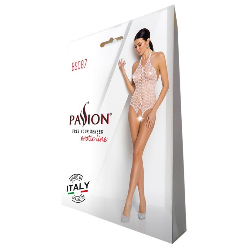 SO6381 Бодістокінг у велику сітку Passion BS087 white, відкрита спина, халтер, з доступом