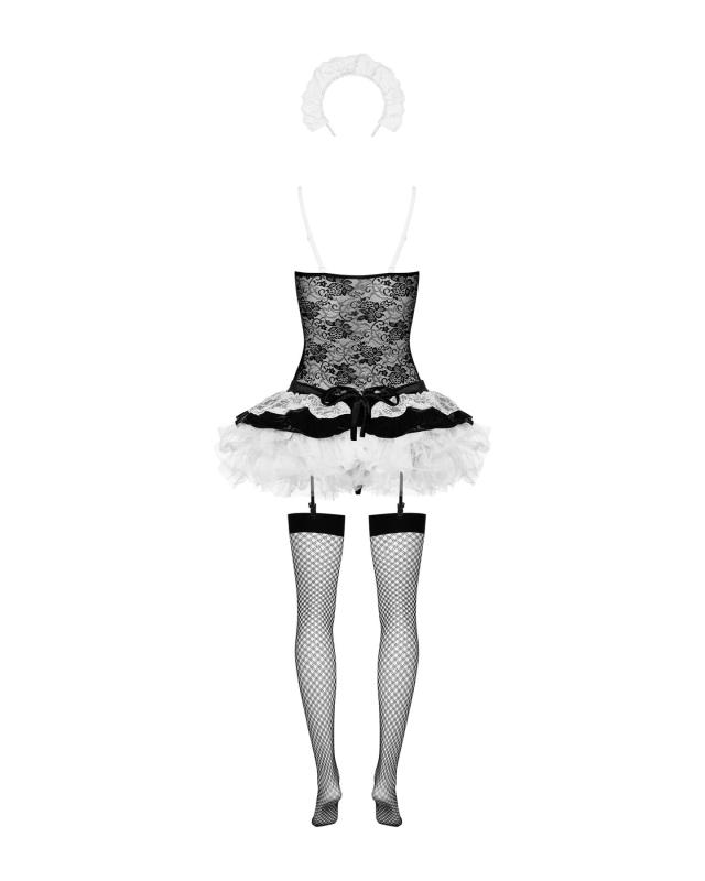 SO7709 Эротический костюм горничной с юбкой Obsessive Housemaid 5 pcs costume S/M, black, топ, юбка, стринг