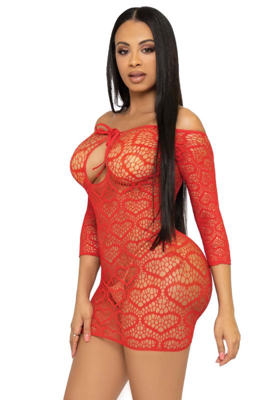 SO7885 Сукня-сітка з сердечками Leg Avenue Heart net mini dress Red, зав’язки, відкриті плечі, one size