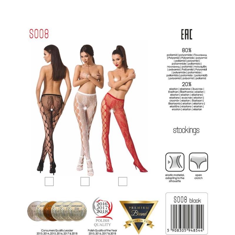 PSS008B Эротические колготки-бодистокинг Passion S008 black, ажурные колготки с вырезом и лампасами-сеткой