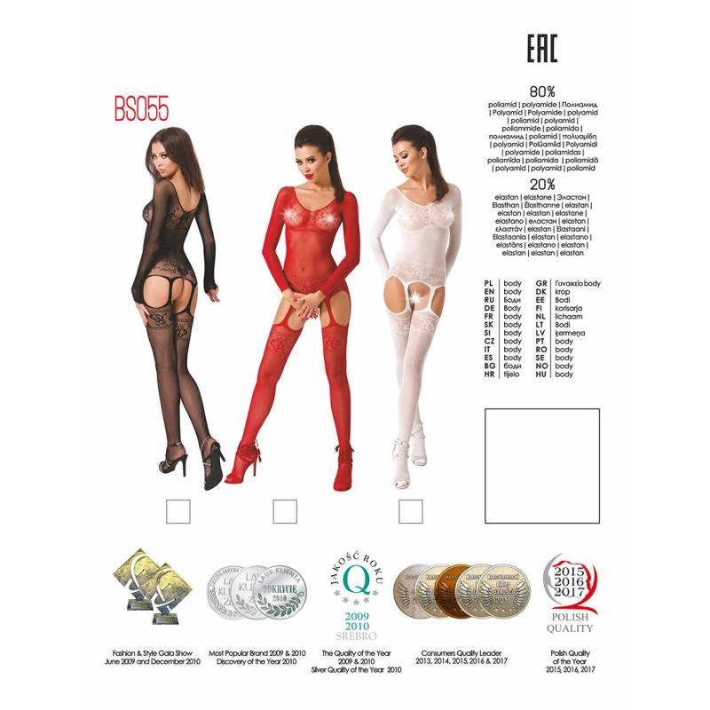 PBS055W Бодістокінг Passion BS055 white, комбінезон, імітація панчох і пояса, довгий рукав, закрите плече