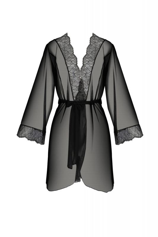 SO7054 Пеньюар Passion Amberly Peignoir 6XL/7XL black, ажурні декольте та манжети, широкі рукави