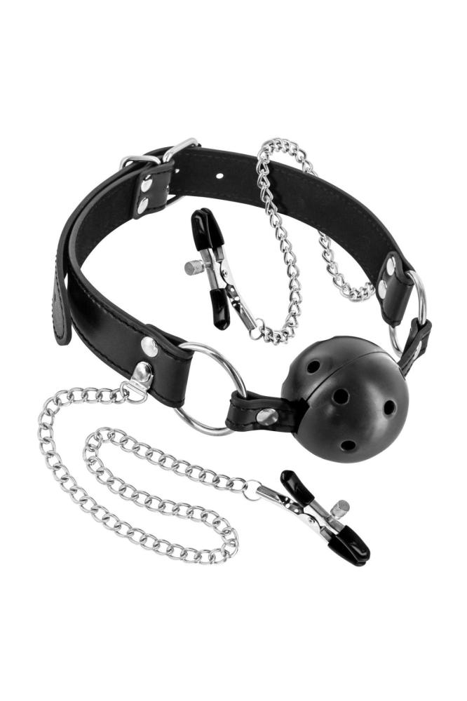 SO4037 Повітропроникний кляп із затискачами для сосків Fetish Tentation Rigid Gag Ball with Nipple Clamps