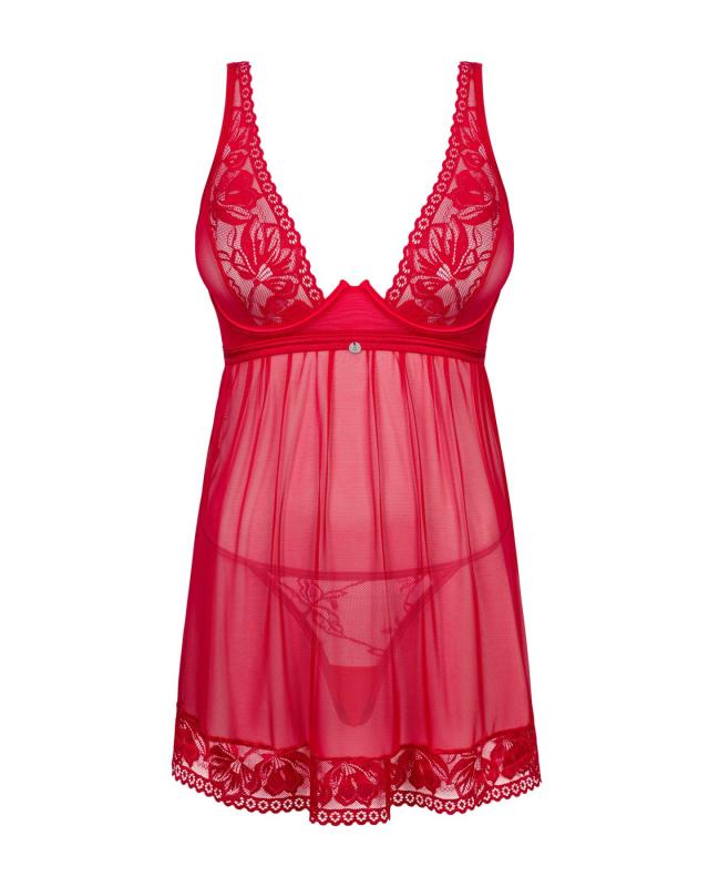 SO8647 Прозора сорочка бебі-дол Obsessive Lacelove babydoll & thong M/L Red, мереживо, стрінги