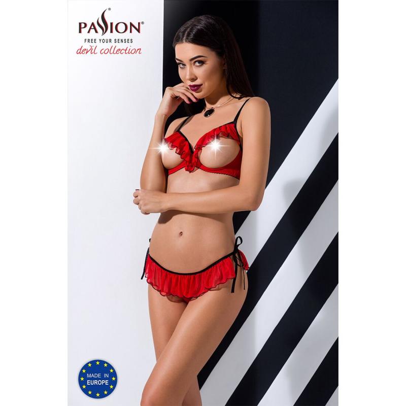PS25509 Комплект білизни CHERRY SET OpenBra red XXL/XXXL - Passion Exclusive: відкритий ліф, трусики-спіднич