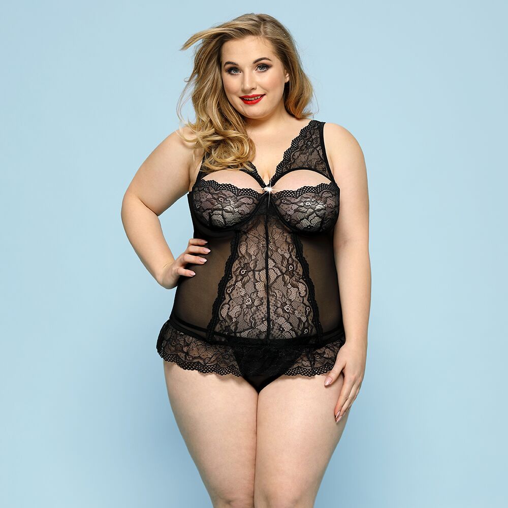 SO8380 Сексуальний комплект білизни JSY «Скромниця Брук» Plus Size, Black, мереживо, корсет, стрінги