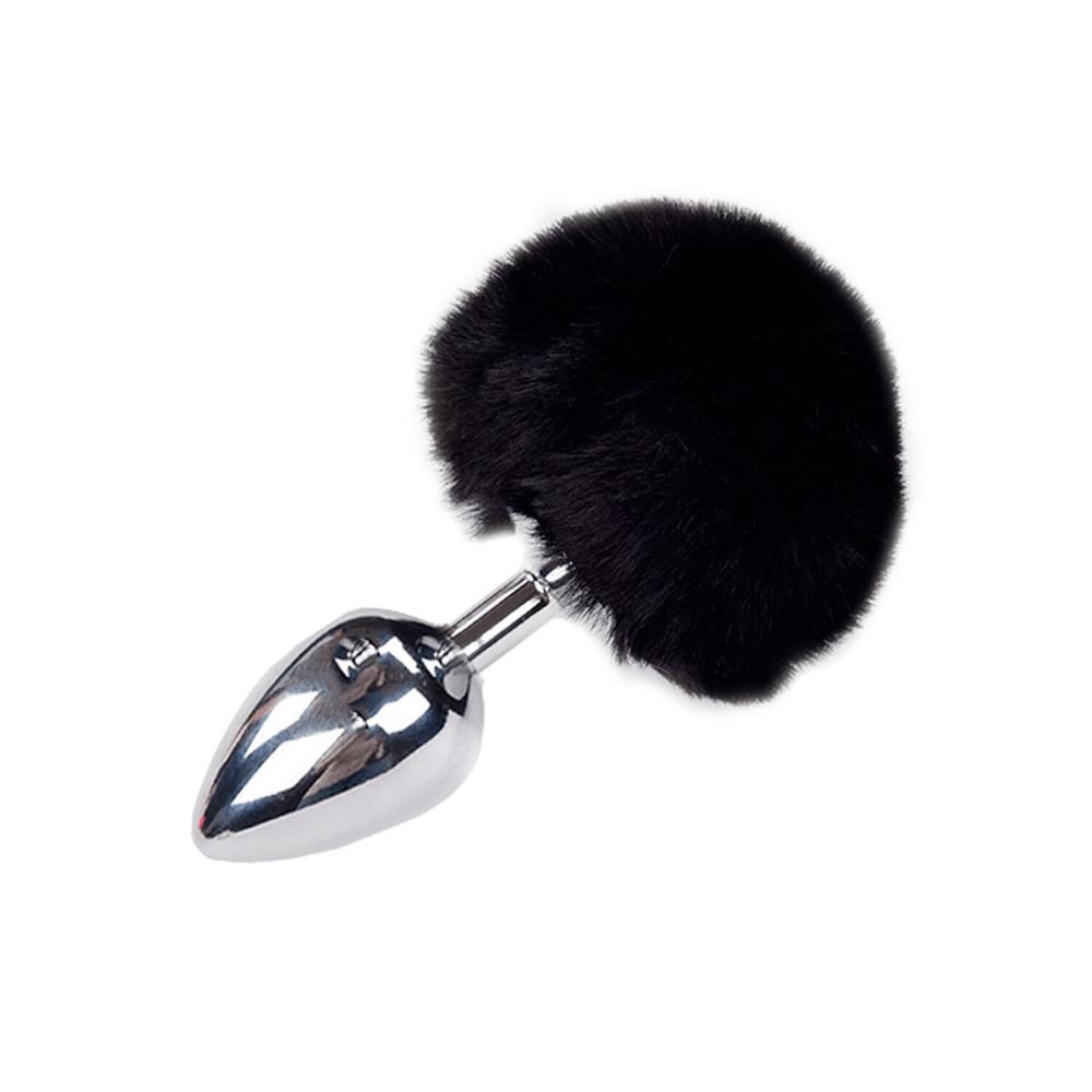 SO6318 Металева анальна пробка Кролячий хвостик Alive Fluffy Plug L Black, діаметр 3,9 см