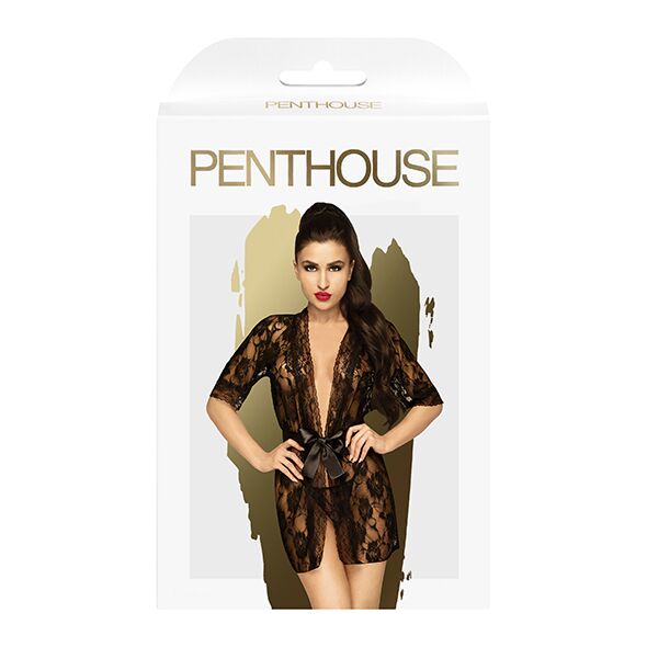 SO4364 Комплект пеньюар с декором в виде роз и стрингами Penthouse - Sweet Retreat Black S/L