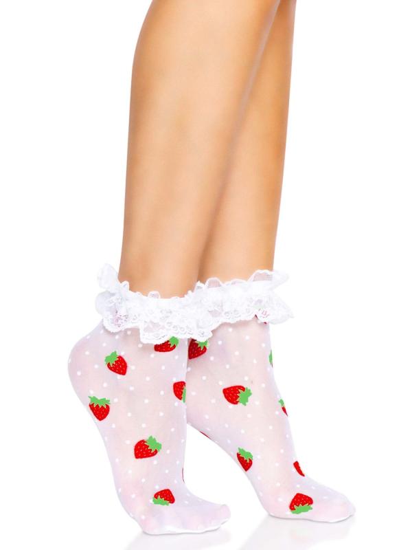 SO8583 Шкарпетки жіночі з полуничним принтом Leg Avenue Strawberry ruffle top anklets One size, мереживні м