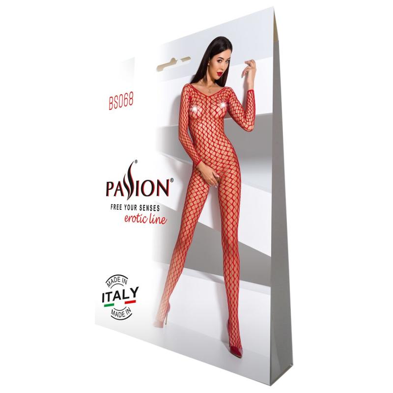 PBS068R Бодистокинг Passion BS068 red, комбинезон, крупная сетка, длинный рукав